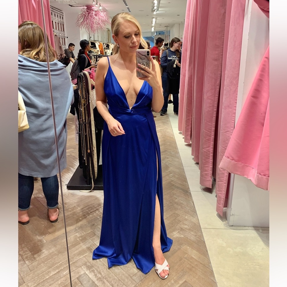 Stunning low cut blue gown/wedding guest dress with slits